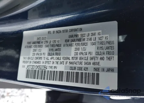 2021 Mazda Cx-9 Grand Touring из США, поврежденный, VIN JM3TCBDY0M0523354